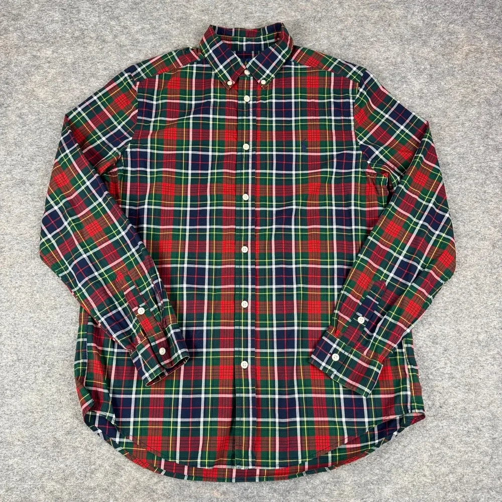 Ralph Lauren Button Down Shirt Long Sleeve Natural Stretch Plaid Boys XL 18/20